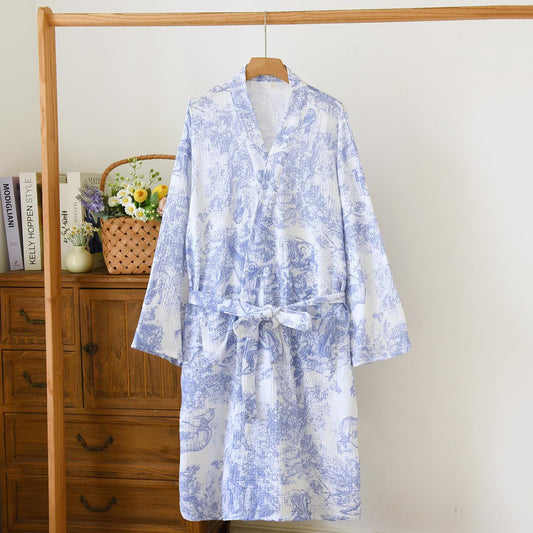 Toile Print Tiger Cotton Kimono Robe - Blue - L - image 1