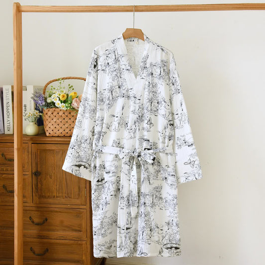 Toile Print Rabbit Cotton Kimono Robe - Black - L - image 1