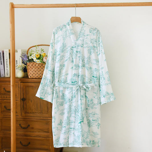 Toile Print Rabbit Cotton Kimono Robe - Green - L - image 2