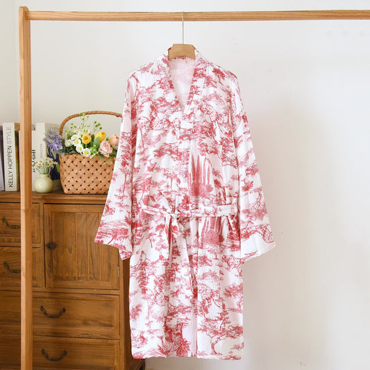 Toile Print Forest Cotton Kimono Robe - Red - L - image 1