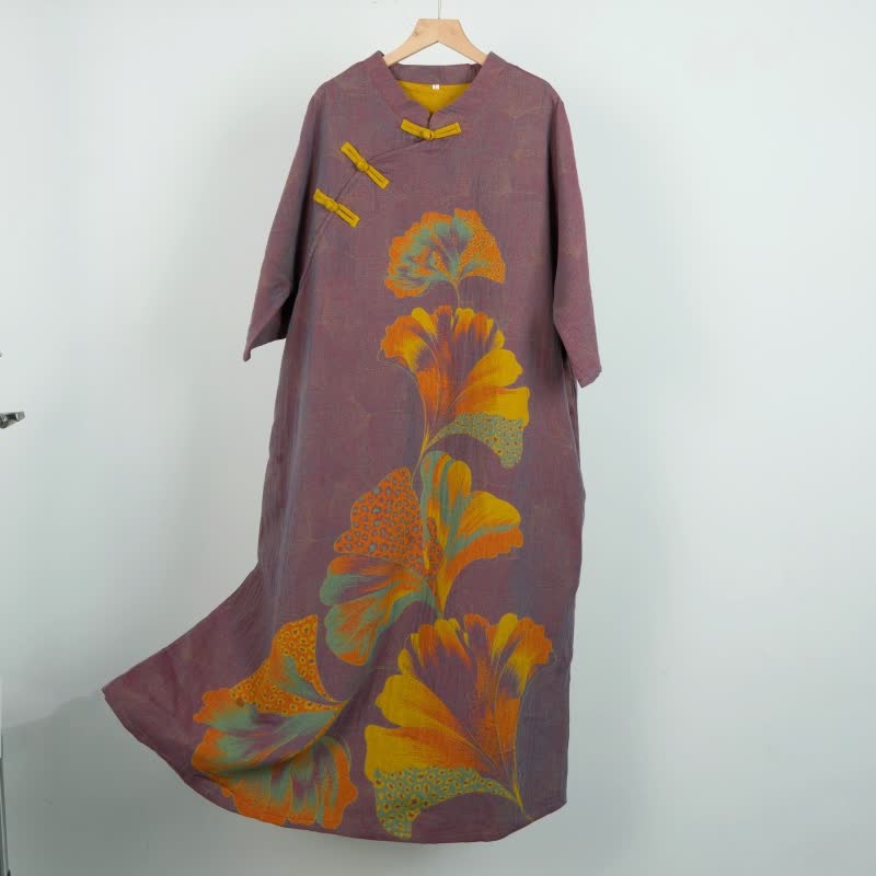 Ginkgo Leaf Print Cotton Cheongsam Nightgown - image 3