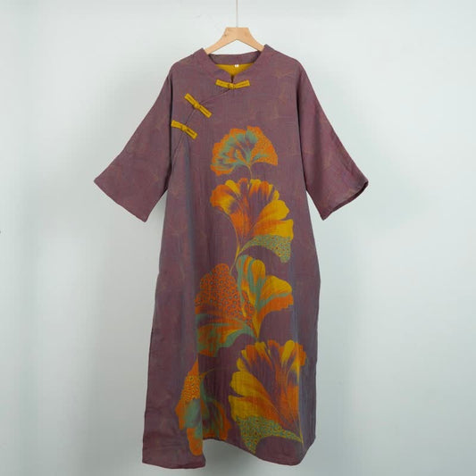 Ginkgo Leaf Print Cotton Cheongsam Nightgown - Purple - L - image 1