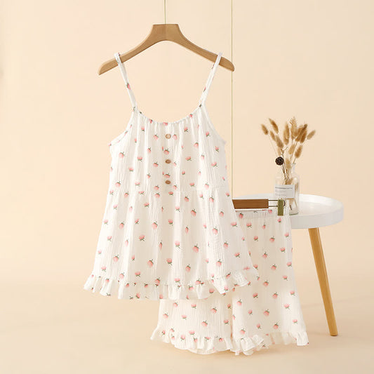Kapok Flower Cotton Gauze Ruffle Pajamas - White - XL - image 2