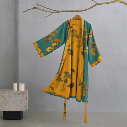 Large Ginkgo Leaf Cotton Kimono Robe - Green & Yellow - L - image 1