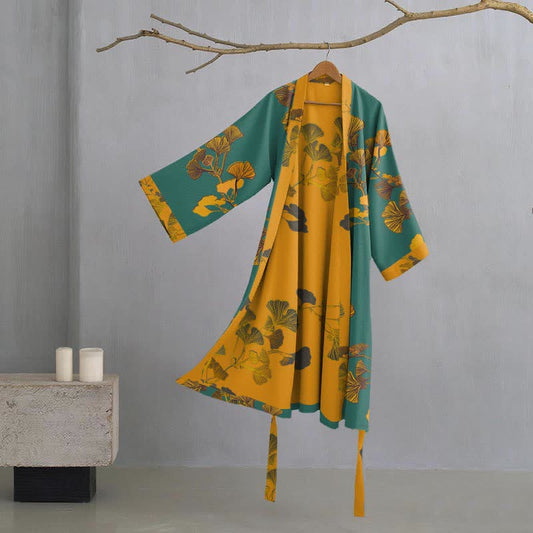 Large Ginkgo Leaf Cotton Kimono Robe - Green & Yellow - L - image 1