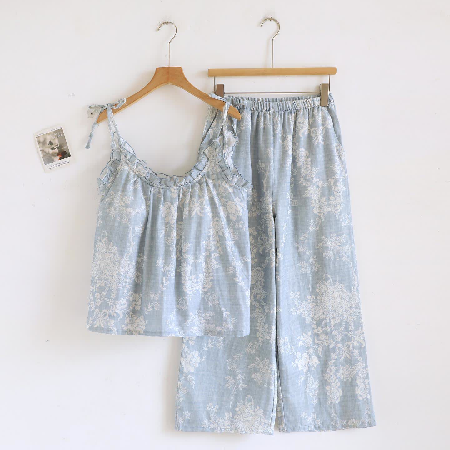Rose Bow Cotton Padded Cami Pajamas - Blue - Cami & Pants - XL - image 5