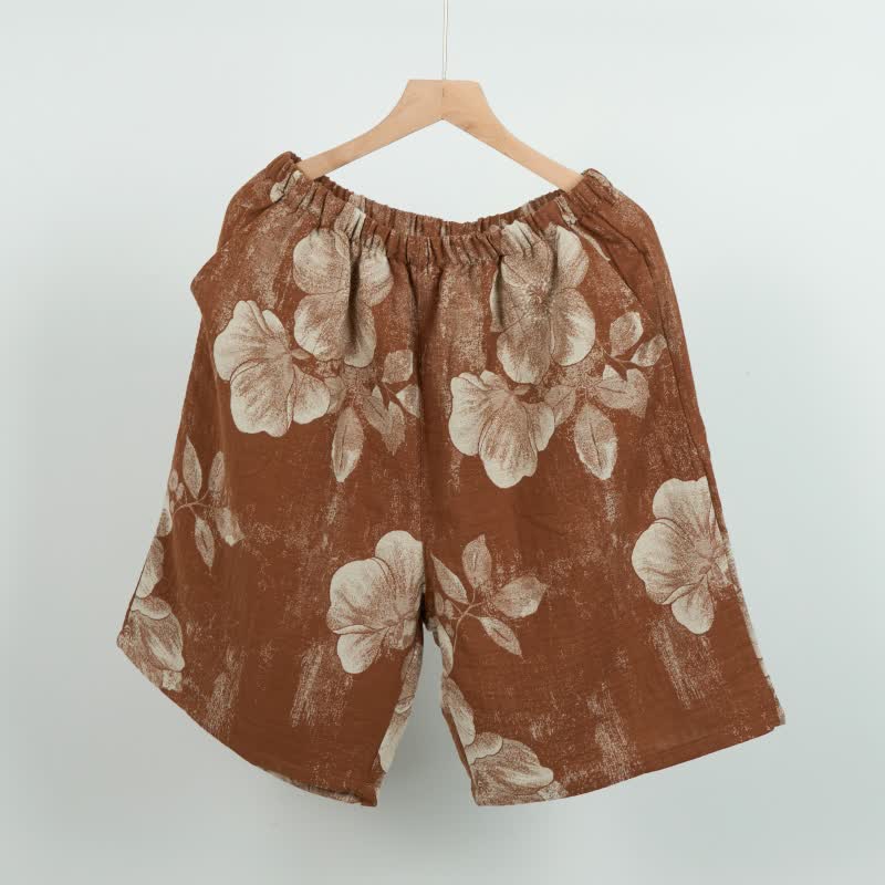 Hibiscus Jacquard Cotton Pajama Shorts - Brown - XL - image 6