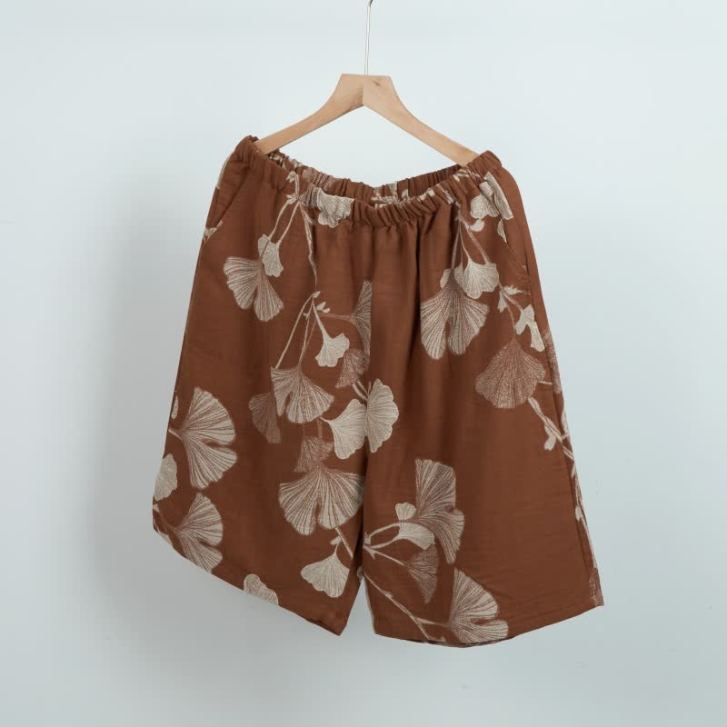 Ginkgo Leaf Jacquard Cotton Pajama Shorts - Brown - XL - image 4