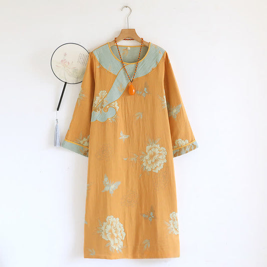 Yellow Peony Cotton Gauze Loose Nightdress - XL - image 1