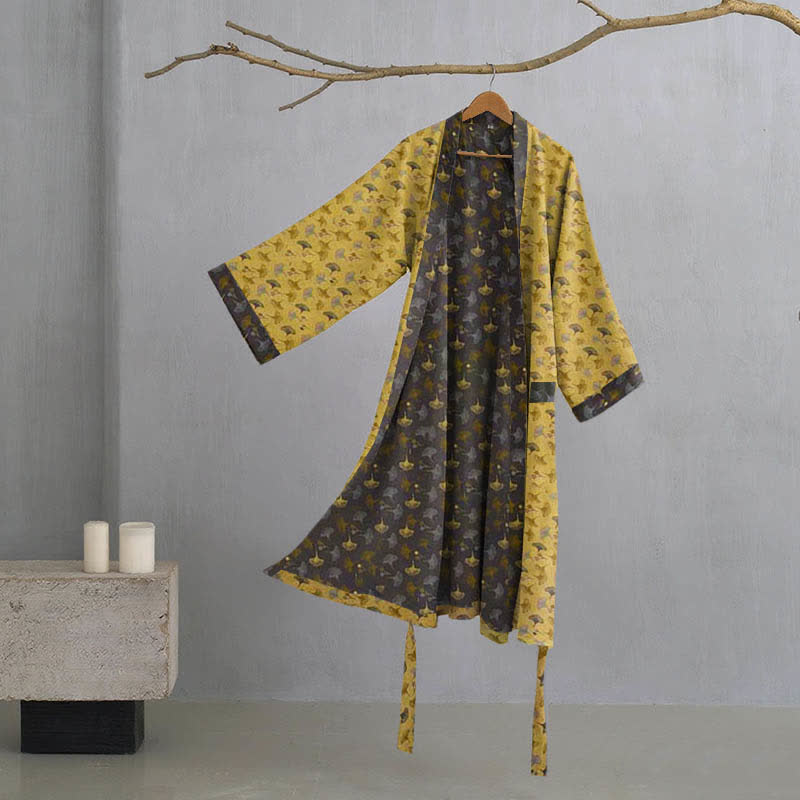 Two-Tone Ginkgo Cotton Gauze Kimono Robe - Yellow & Grey - 2XL - image 20