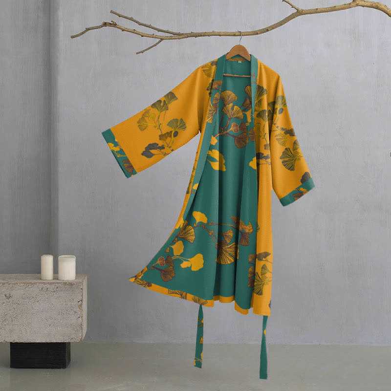 Large Ginkgo Leaf Cotton Kimono Robe - Yellow & Green - L - image 9
