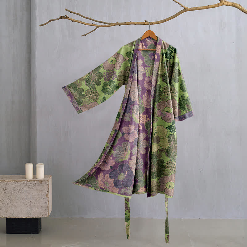 Peach Blossom Cotton Gauze Kimono Robe - Green - XL - image 7