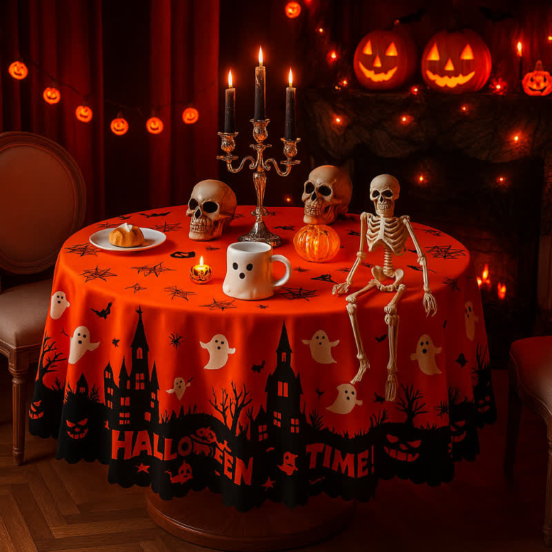 Halloween Haunted Castle Ghost Print Tablecloth - Round - 71" x 71" - image 3