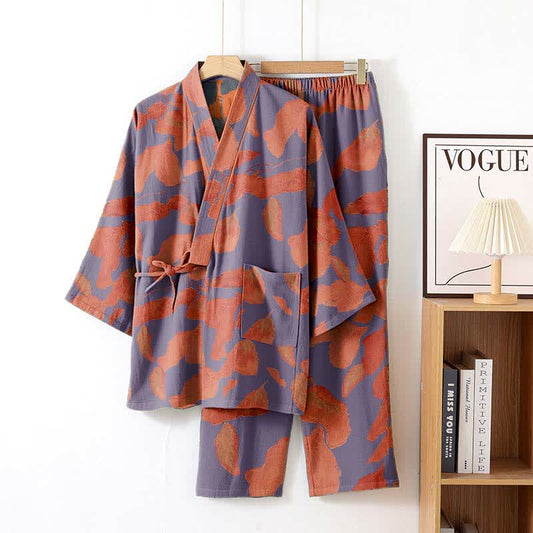 Botanical Leaf Cotton Kimono Loungewear Set - Purple - XL - image 2