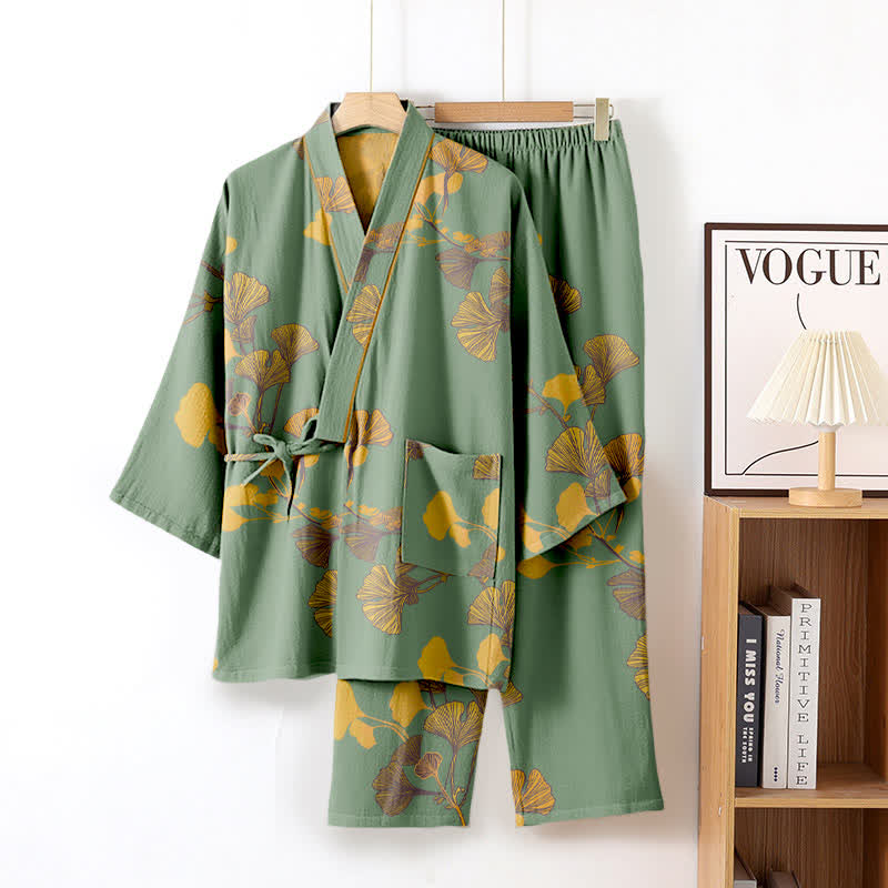 Large Ginkgo Leaf Cotton Kimono Pajamas - Green & Yellow - XL - image 15