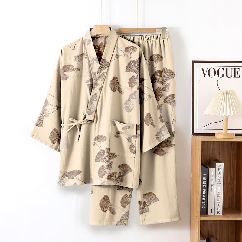 Large Ginkgo Leaf Cotton Kimono Pajamas - Beige - XL - image 19