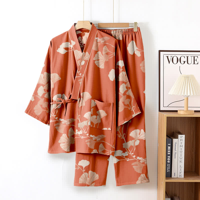 Large Ginkgo Leaf Cotton Kimono Pajamas - Pink - XL - image 17