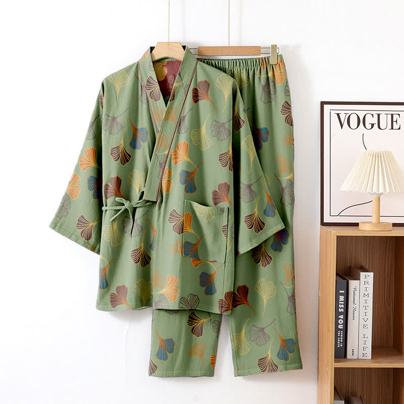 Ginkgo Cotton Gauze Kimono Loungewear Set - Green & Wine - XL - image 33