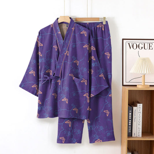 Butterfly Cotton Gauze Kimono Loungewear Set - Purple - XL - image 1
