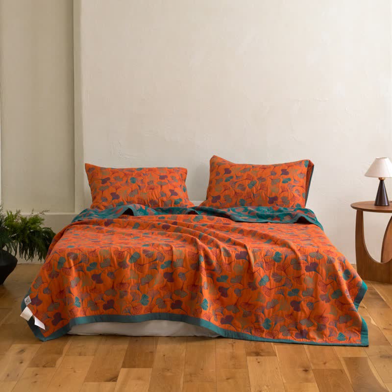 Ginkgo Biloba Organic Cotton Quilt - Orange - Quilt with 2PCS Pillowcases - Cal King - image 12