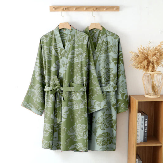 Monstera Print Cotton Gauze Kimono Robe - image 2
