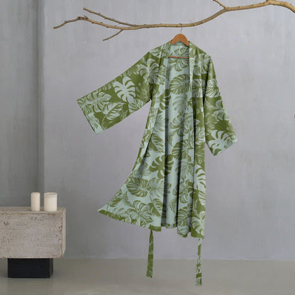 Monstera Print Cotton Gauze Kimono Robe - Dark Green - XL - image 1