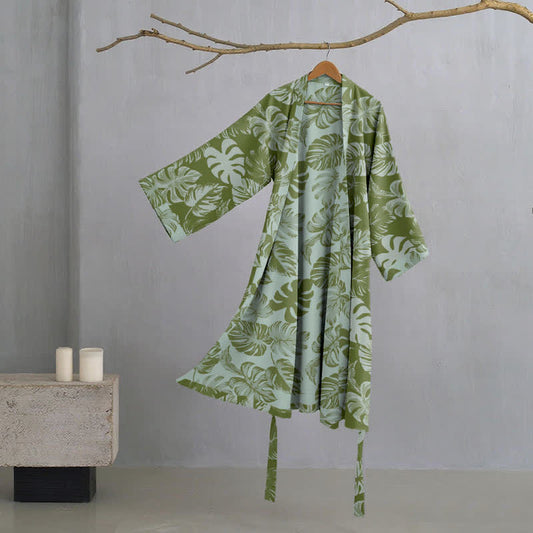 Monstera Print Cotton Gauze Kimono Robe - Dark Green - XL - image 1