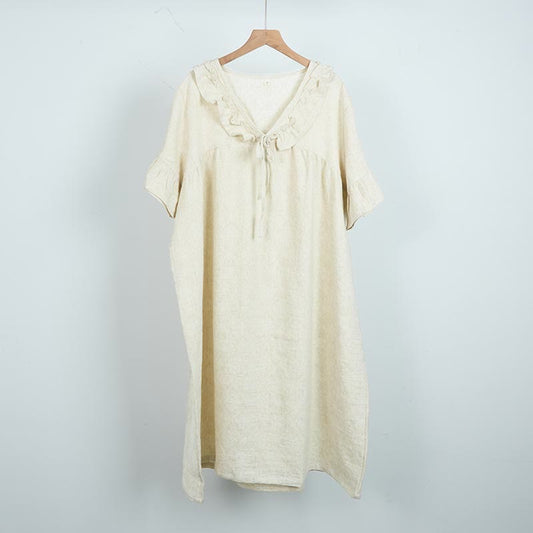 Beige Ruffle Cotton Short Sleeve Nightdress - image 2