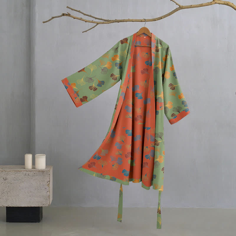 Ginkgo Biloba Cotton Gauze Kimono Robe - Green - XL - image 15
