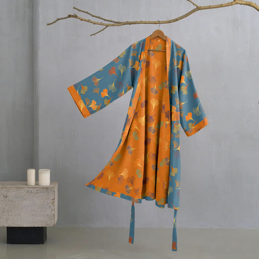 Ginkgo Biloba Cotton Gauze Kimono Robe - Blue - L - image 2