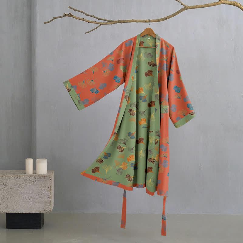 Ginkgo Biloba Cotton Gauze Kimono Robe - Red - XL - image 19