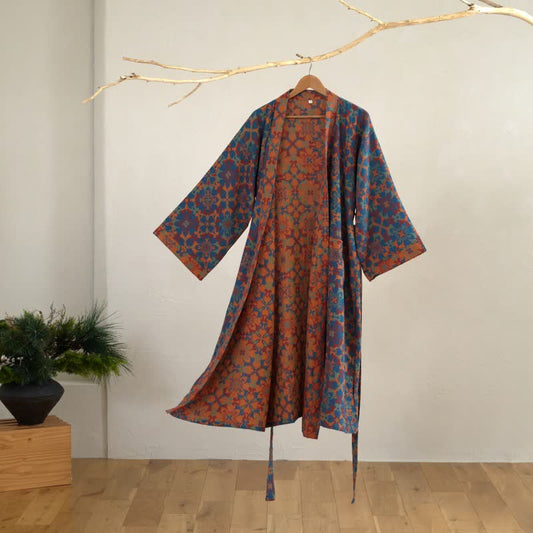 Retro Geometric Pattern Cotton Kimono Robe - Blue - XL - image 1