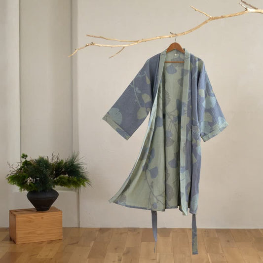 Ginkgo Leaf Organic Cotton Kimono Robe - Blue & Light Green - 2XL - image 0