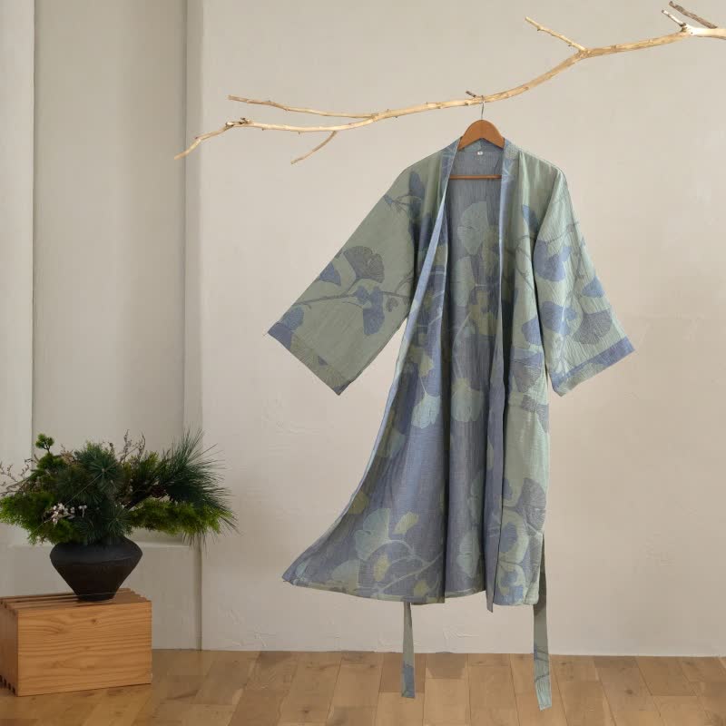 Ginkgo Leaf Organic Cotton Kimono Robe - Light Green & Blue - 2XL - image 12