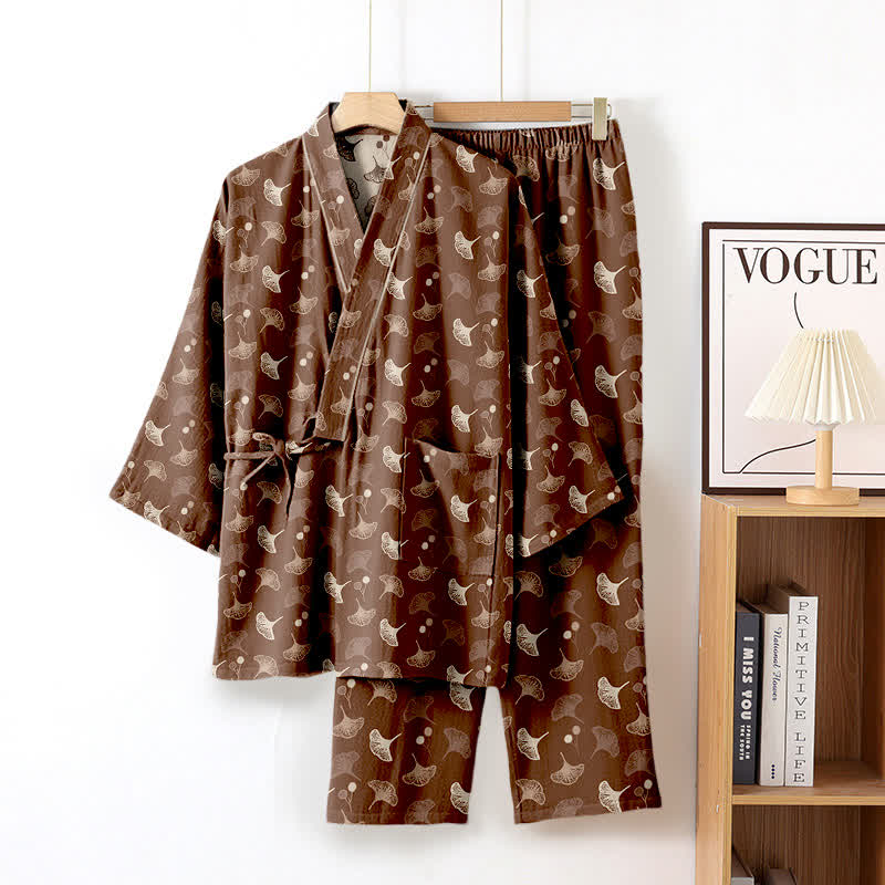 Ginkgo Organic Cotton Kimono Loungewear Set - Brown - XL - image 26