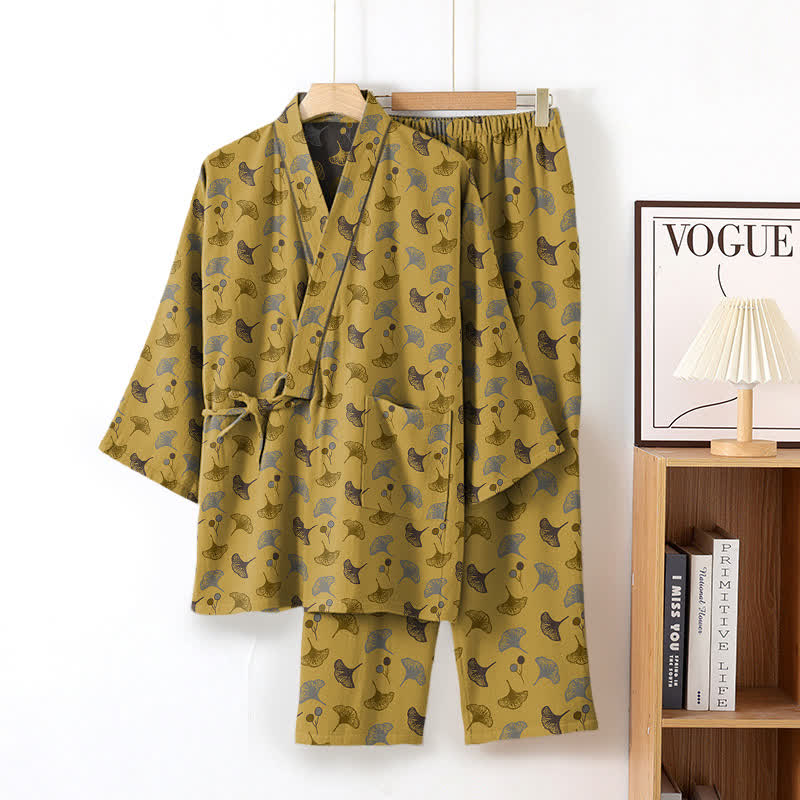 Ginkgo Organic Cotton Kimono Loungewear Set - Yellow & Grey - XL - image 12