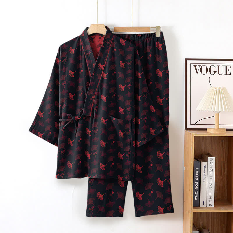 Ginkgo Organic Cotton Kimono Loungewear Set - Black & Red - XL - image 3