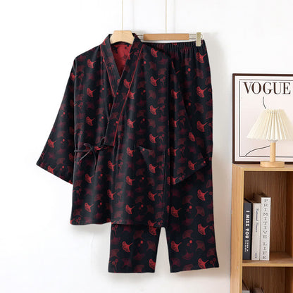 Ginkgo Organic Cotton Kimono Loungewear Set - Black & Red - XL - image 8