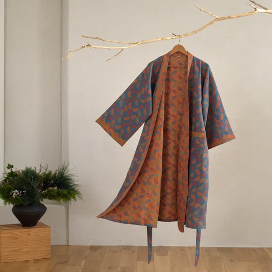 Ginkgo Biloba Cotton Gauze Japanese Robe - Blue - L - image 1