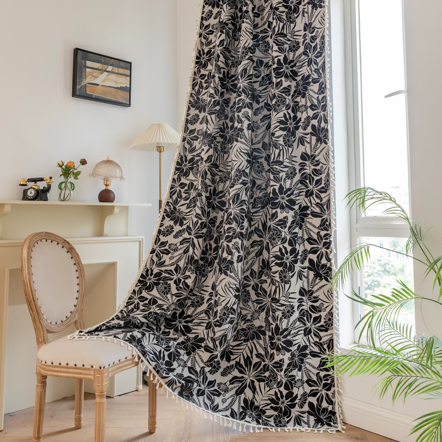 Vintage Black Floral Tassel Curtain - Rod Pocket - 59" x 102" - image 1