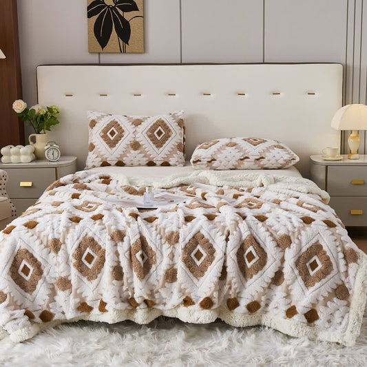 Bohemian Style Jacquard Sherpa Throw Blanket - Coffee - King - image 1