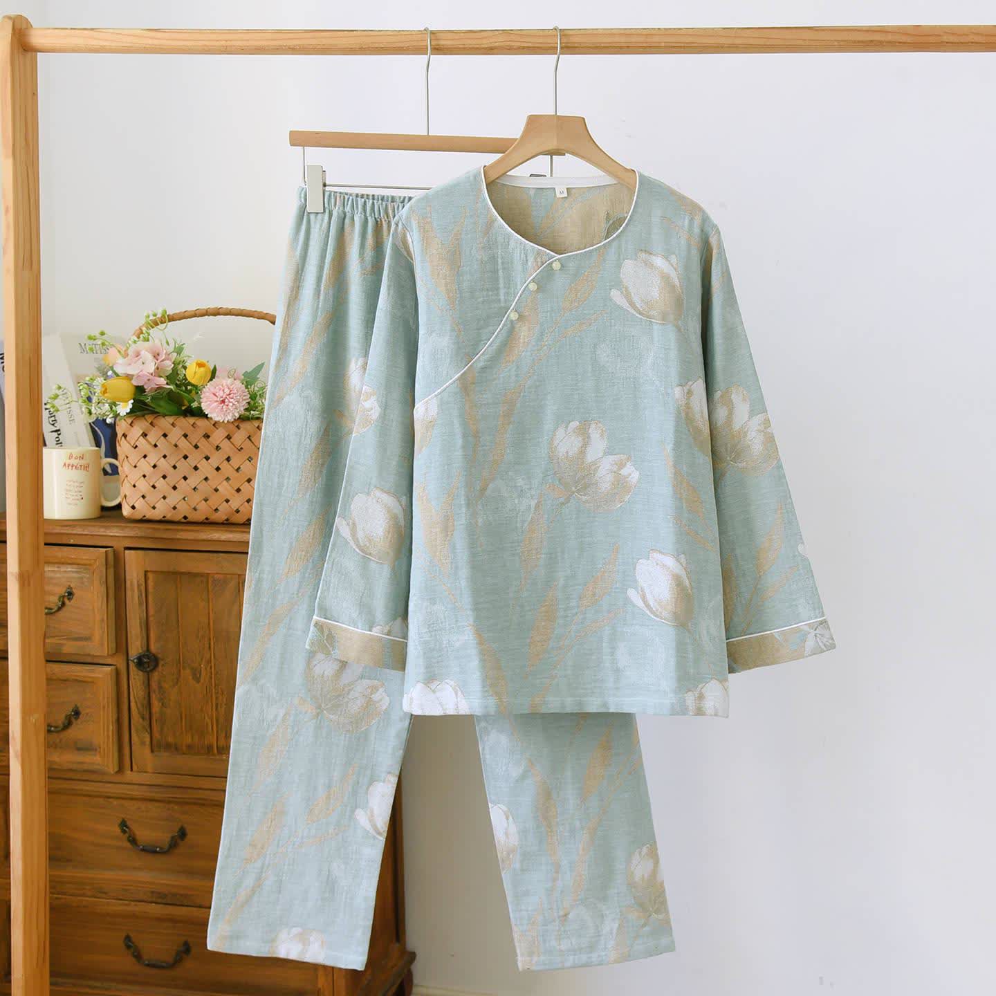 Tulip Cotton Gauze Jacquard Loungewear Set - Green - XL - image 4