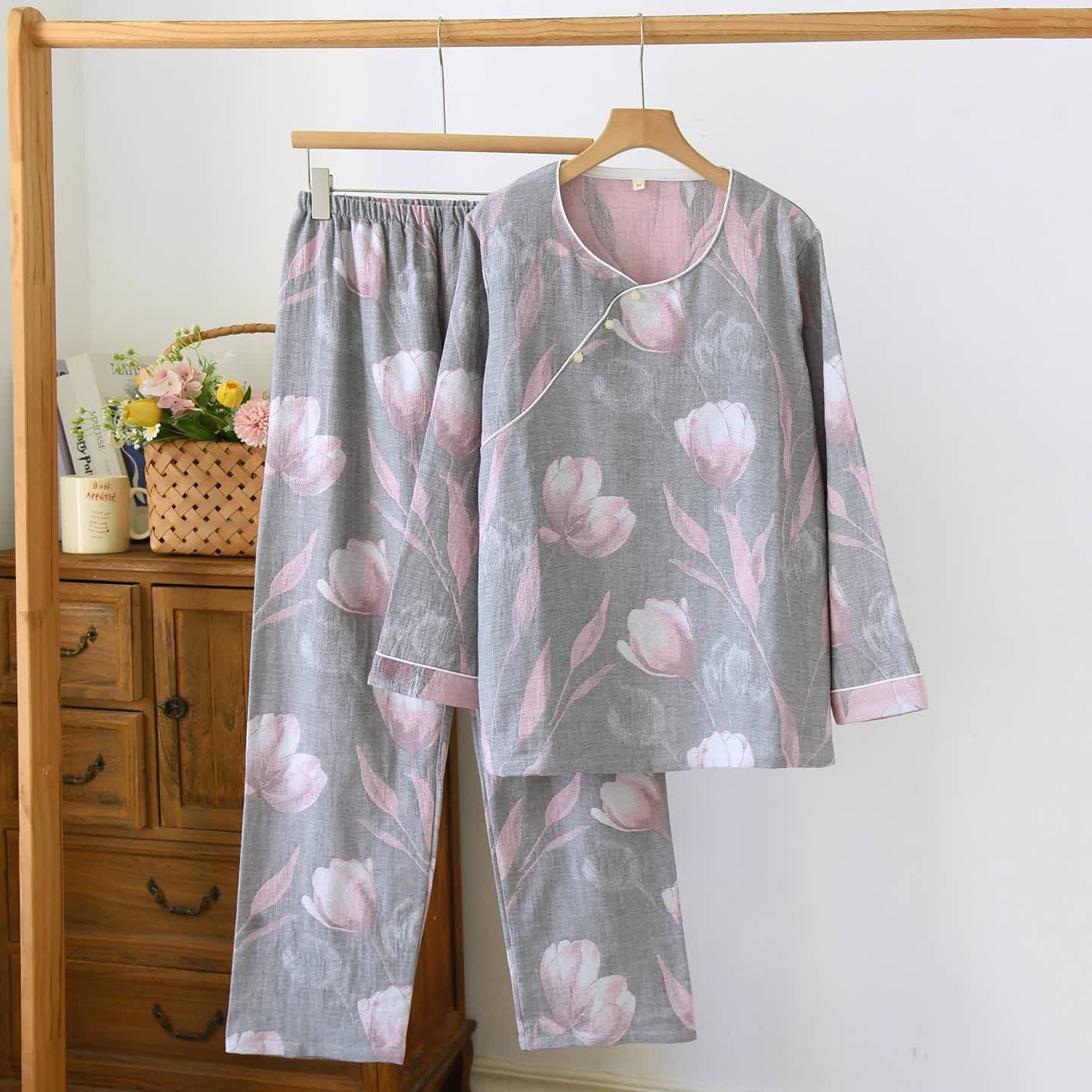 Tulip Cotton Gauze Jacquard Loungewear Set - Grey - XL - image 13