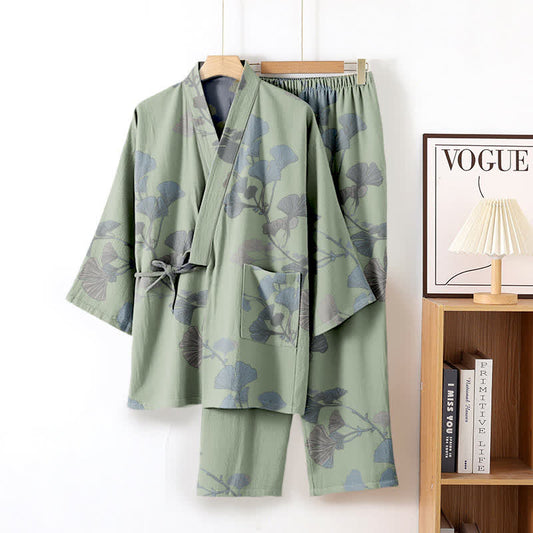 Ginkgo Leaf Organic Cotton Kimono Loungewear - Green - XL - image 2