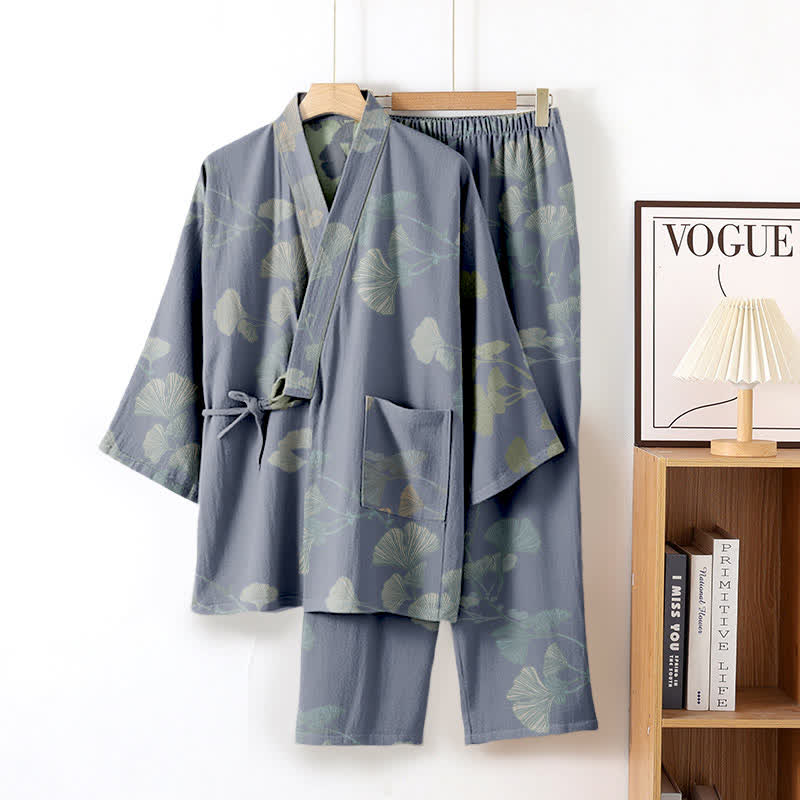 Ginkgo Leaf Organic Cotton Kimono Loungewear - Light Blue - XL - image 5