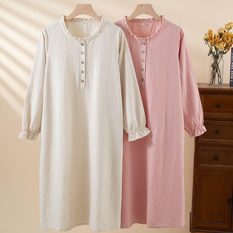 Simple Ruffled Cotton Linen Button Nightgown - image 0