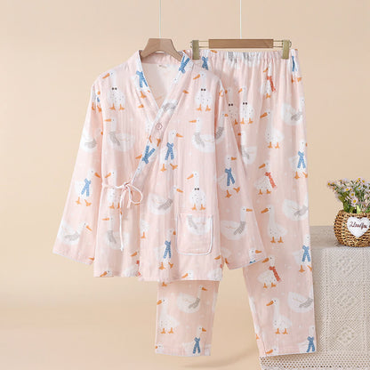 Cotton Gauze Cartoon Goose Kimono Pajamas - Pink - 2XL - image 2