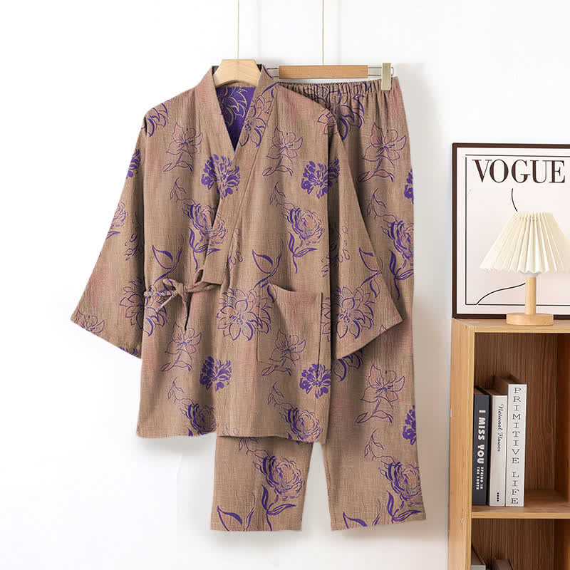 Peony Cotton Gauze Kimono Loungewear Set - Grey Pink - XL - image 4