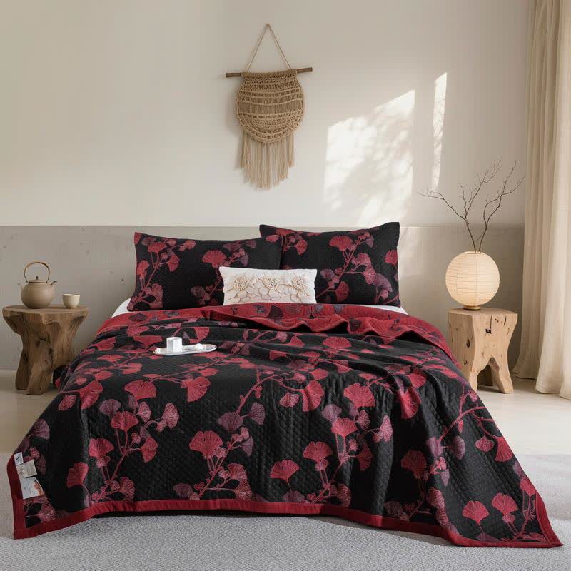 Orange Ginkgo Leaf Cotton Reversible Quilt - Black & Red - Quilt with 2pcs Pillowcases - King - image 13