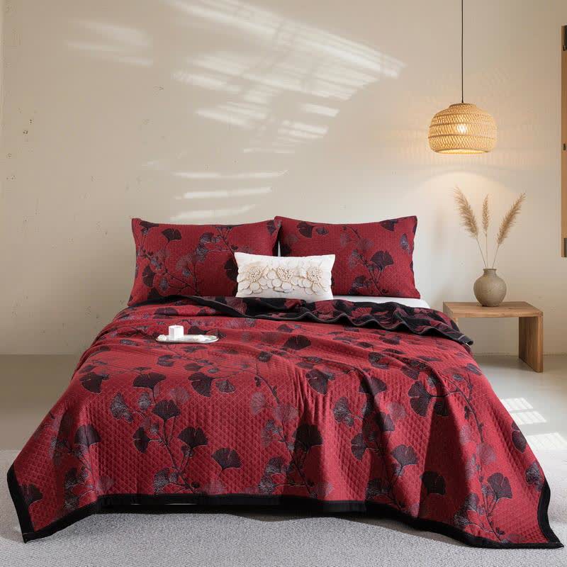 Orange Ginkgo Leaf Cotton Reversible Quilt - Red & Black - Quilt with 2pcs Pillowcases - King - image 21